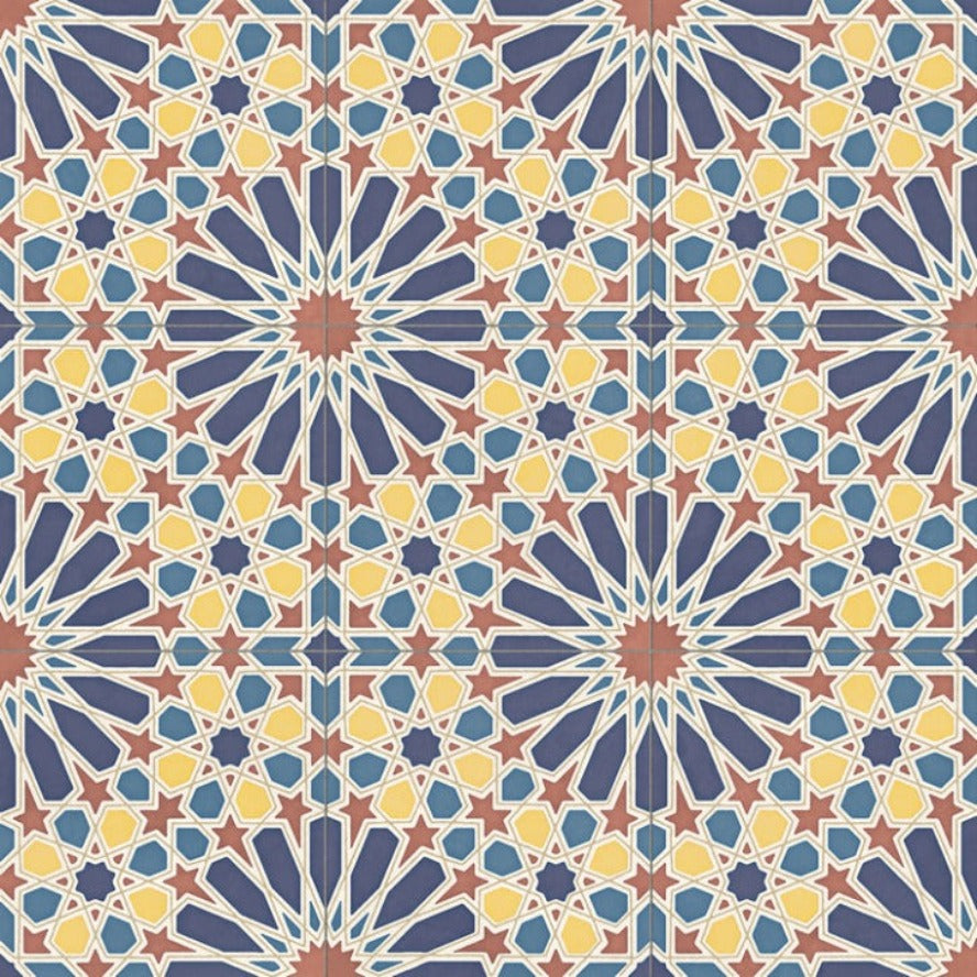 Estrella blue, yellow, and red porcelain tile