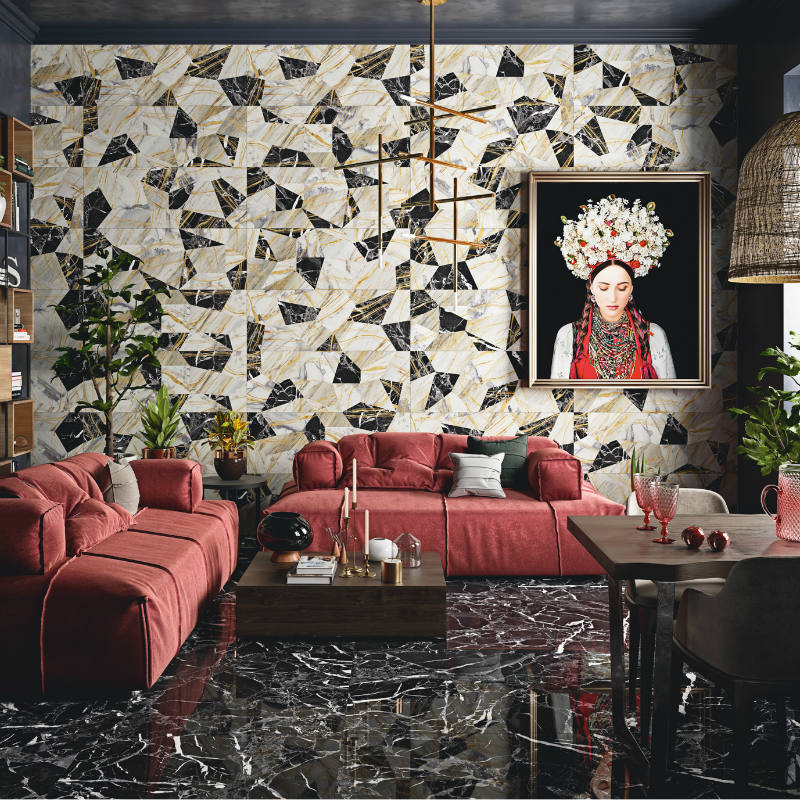 Marble Look tiles used in a living room floor