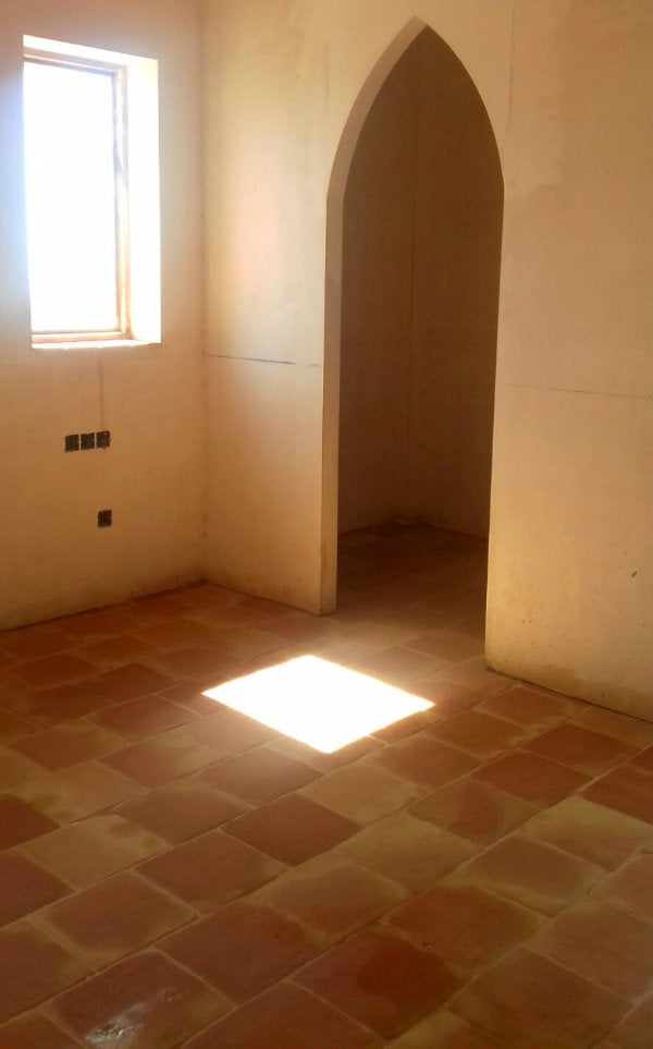 Square terracotta tiles in the sunlight